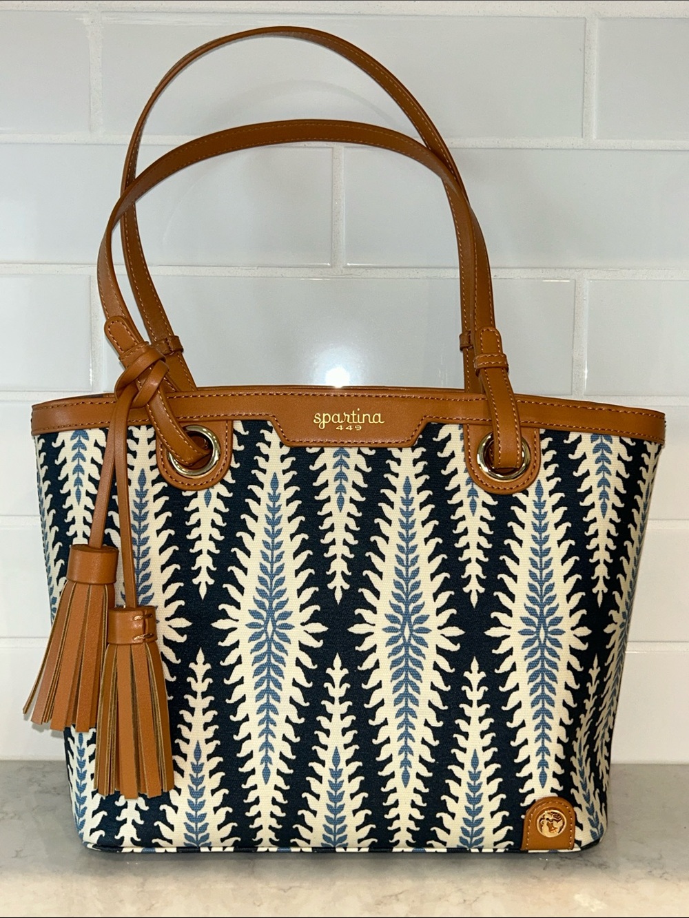 Spartina 449 Daufuskie Island tote bag handbag tan blue